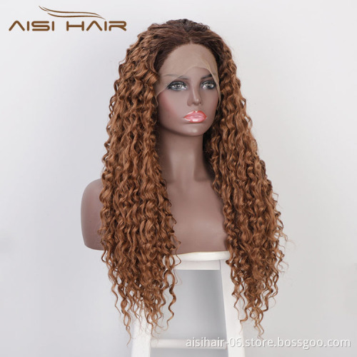 Aisi Hair New Design Long Wavy Ombre Brown Wig Afro Kinky Curly Swiss Lace Wig Curly Wave Lace Frontal Hair Wigs For Black Women